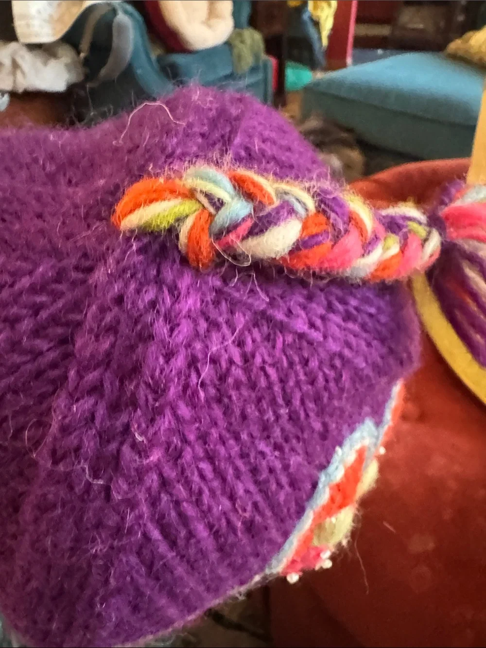 Everest Designs Purple Floral Knit Earflap Hat for Kids with Braided Tassels